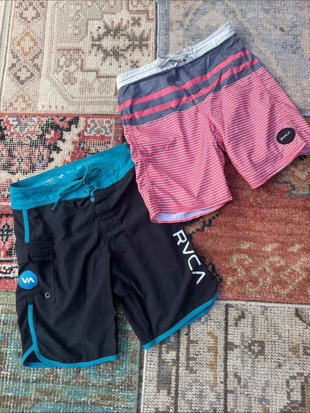 2 Pair of RVCA Boy’s Black & Teal Board Shorts and Red Striped Swim Trunks - 27